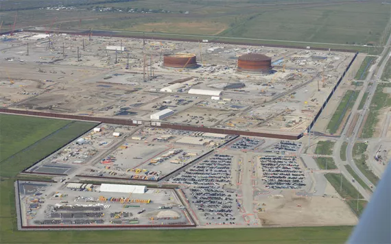 An aerial view showing the size of the LNG export terminal Venture Global is building in March 2023.